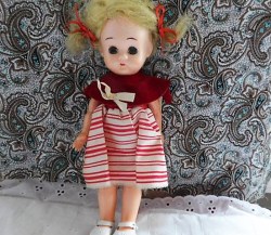 8.5''  UNMARKED 1952 PAM FORTUNE HARD PLASTIC WALKER DOLL, ORIGINAL DRESS
